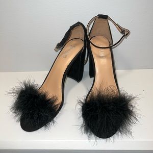 9 1/2 black feathered brash heels